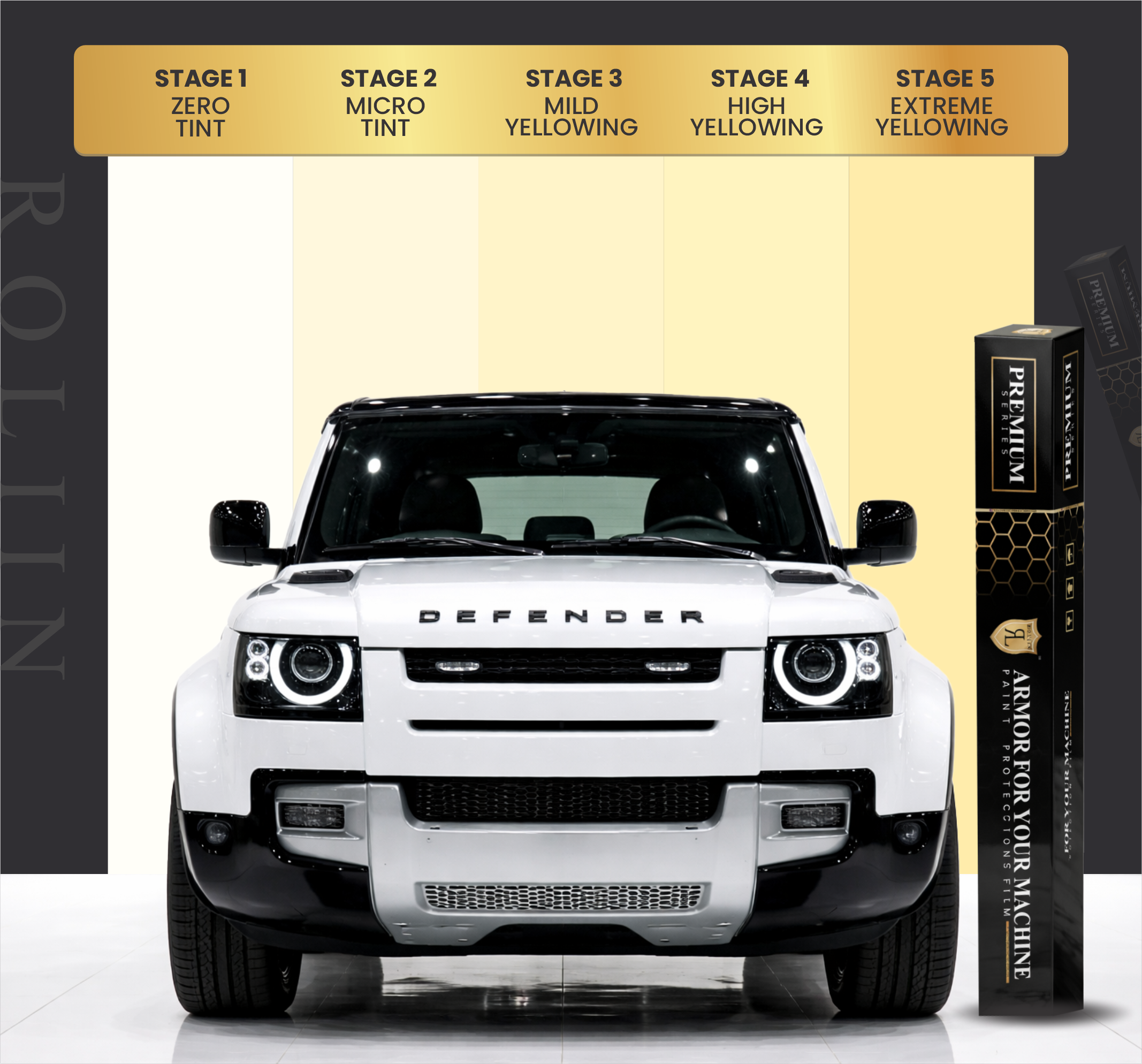 PPF yellowing comparison stages from zero tint to extreme yellowing